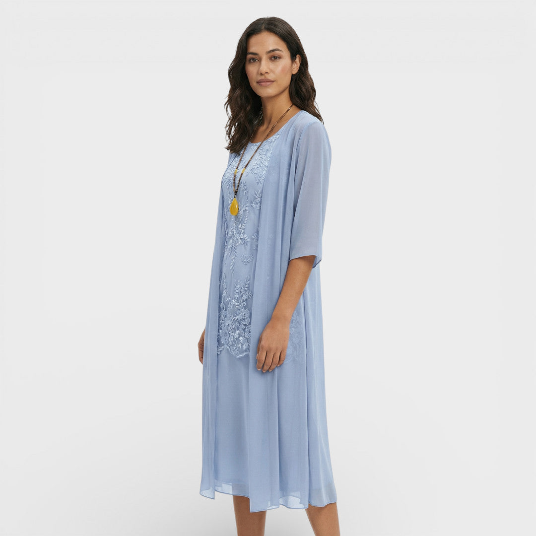 Elegante | Gelaagde midi jurk met geplooide taille en ronde hals 1