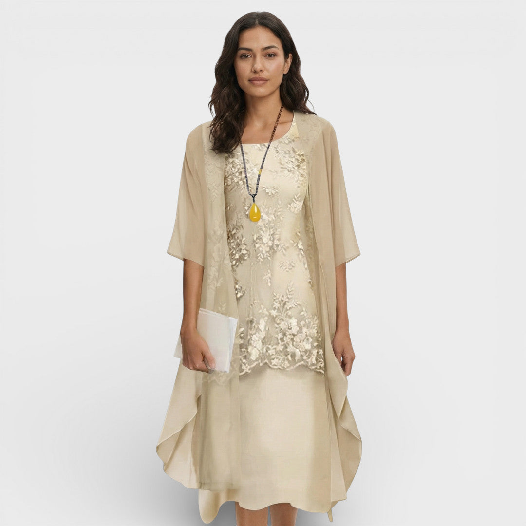 Elegante | Gelaagde midi jurk met geplooide taille en ronde hals 3