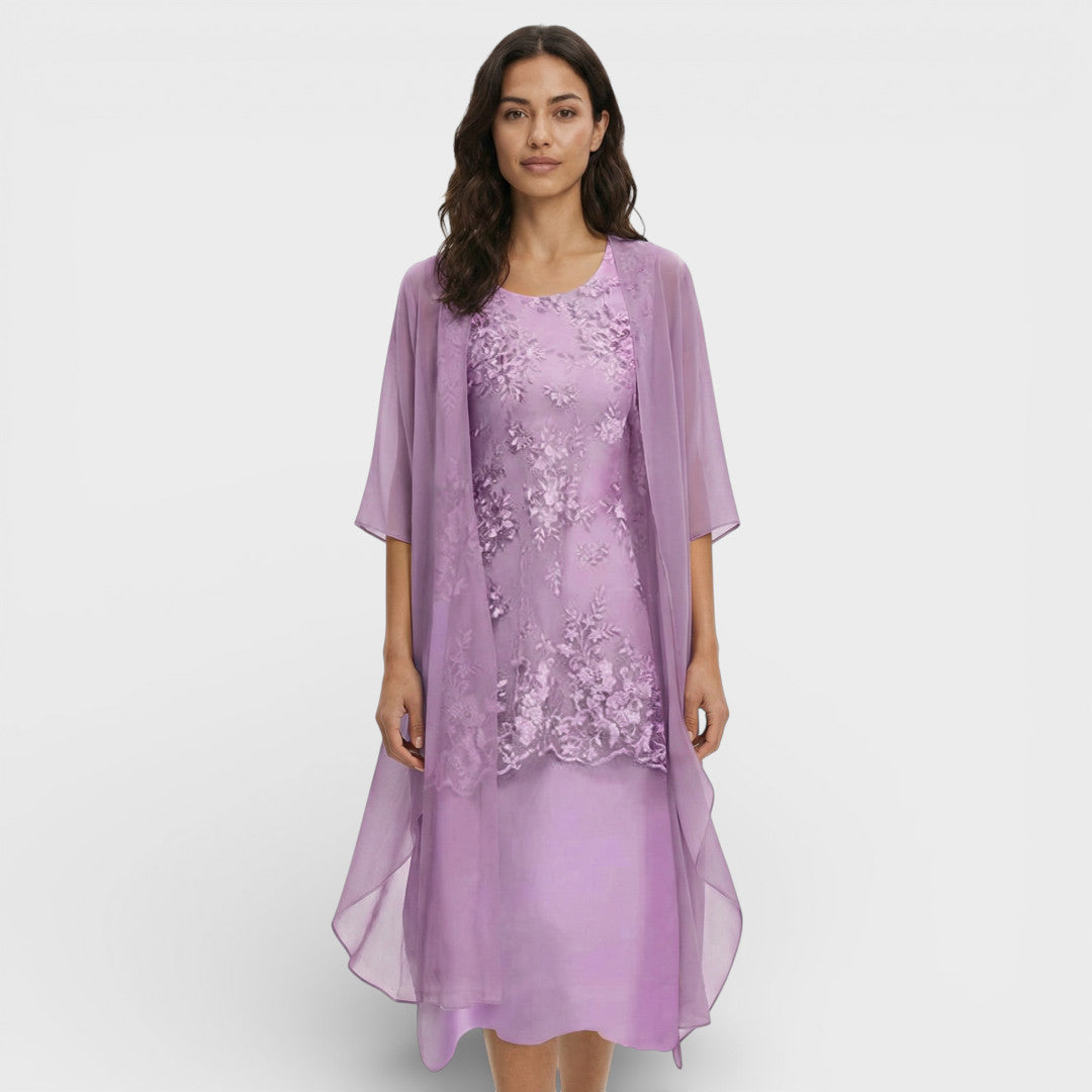 Elegante | Gelaagde midi jurk met geplooide taille en ronde hals 4