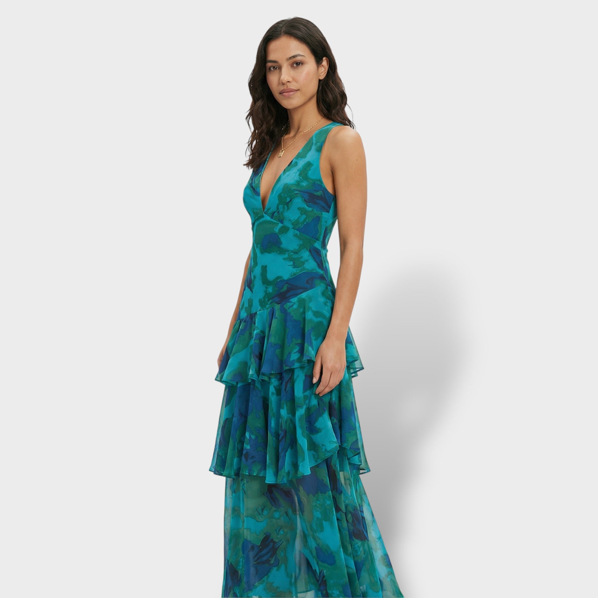 Elegante | V-hals lange jurk met laagjes in turkoois en saffier 1