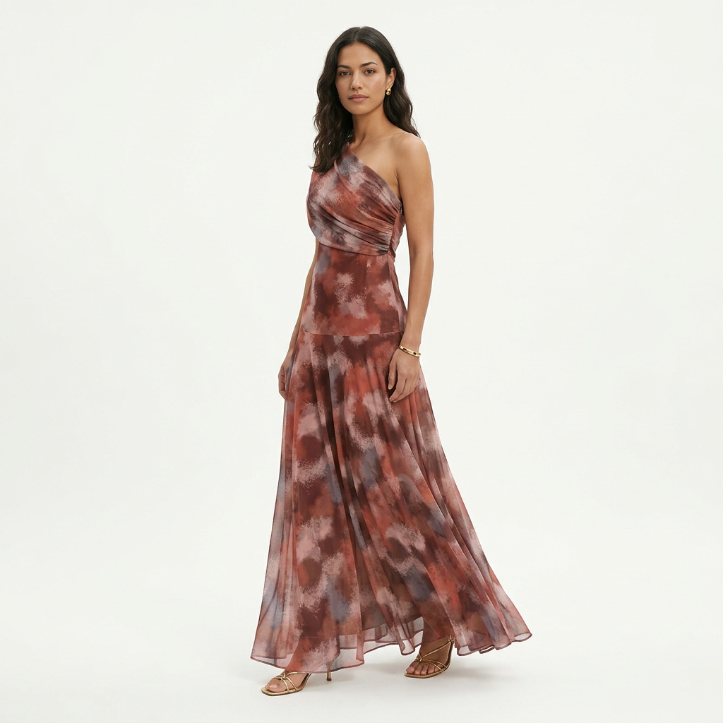 Elegante jurk | Asymmetrische halslijn, hoge taille, bloemenprint, lange damesjurk 0