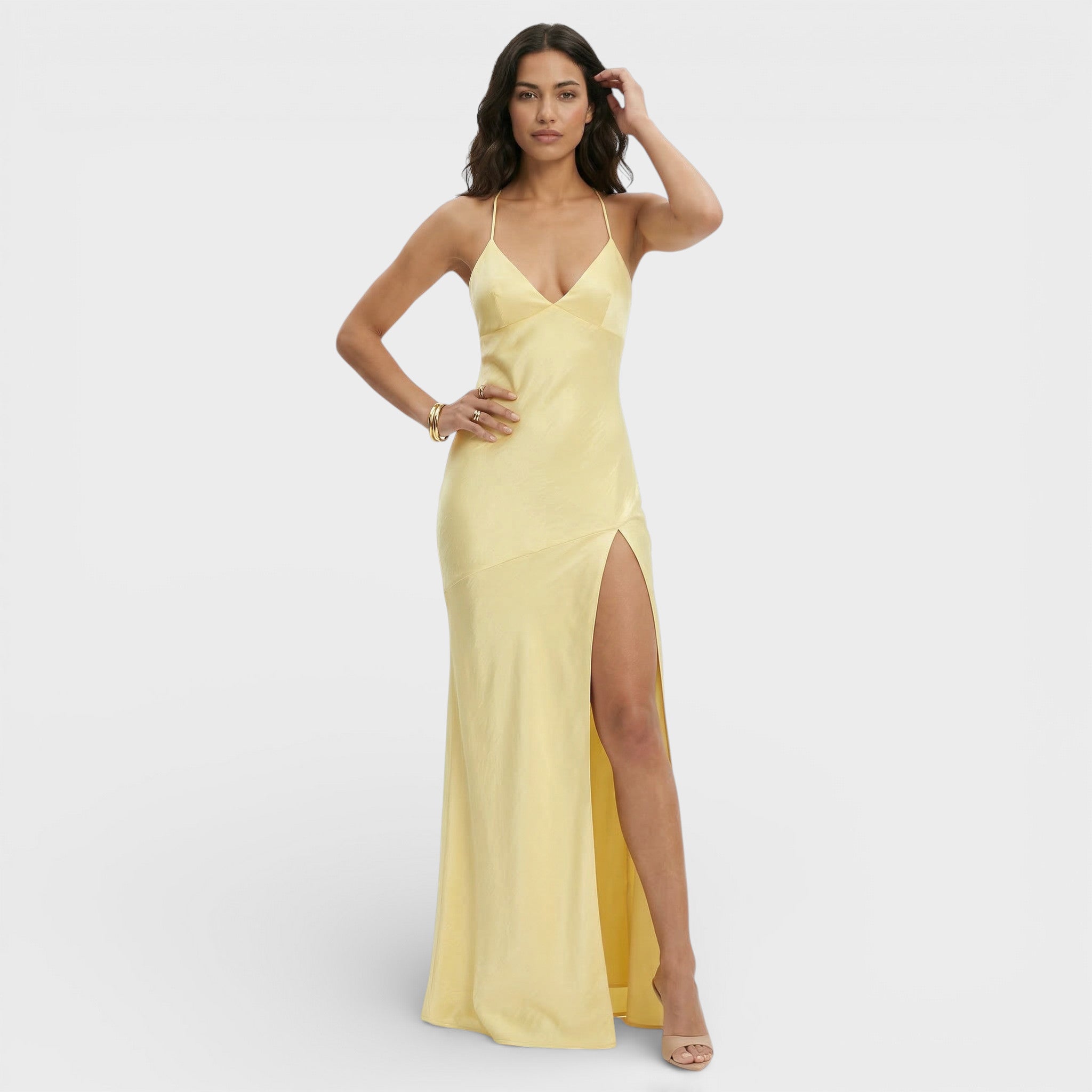 Elegante maxi jurk | V-hals, hoge split, dunne bandjes 0