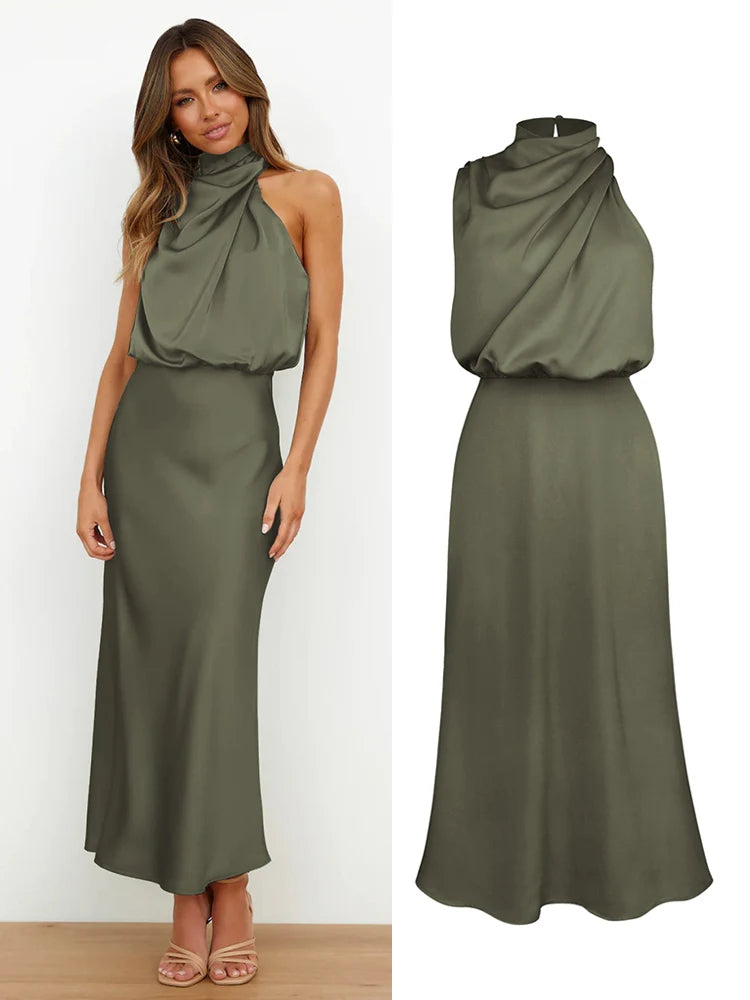 Elegante satijnen midi jurk | Asymmetrische halslijn, aansluitende snit 11