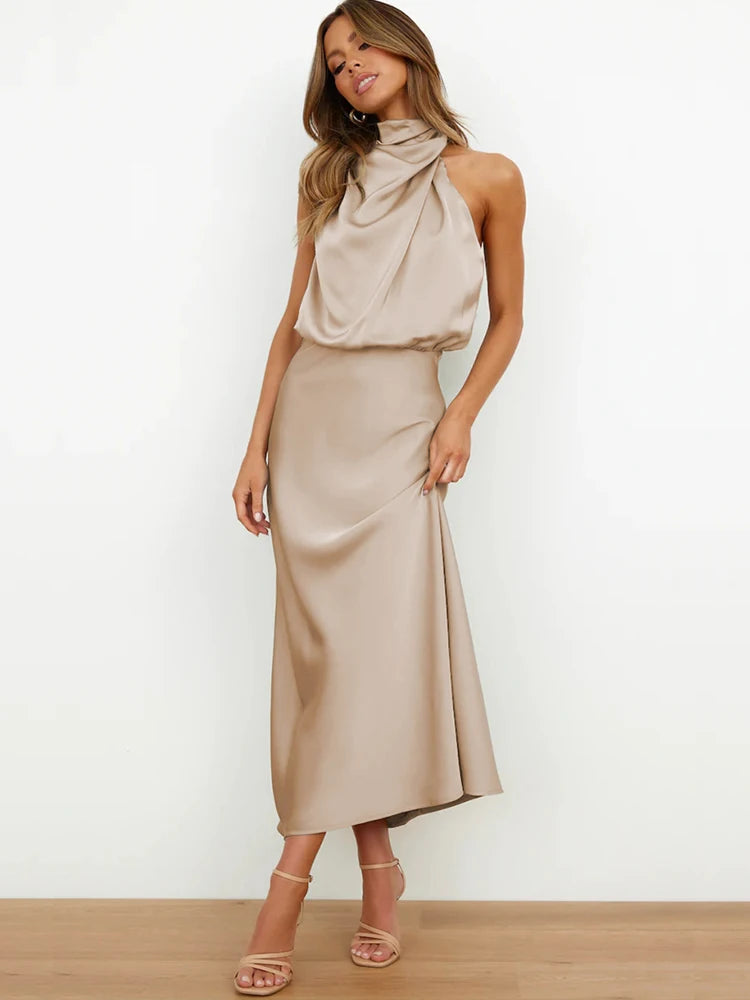 Elegante satijnen midi jurk | Asymmetrische halslijn, aansluitende snit 4
