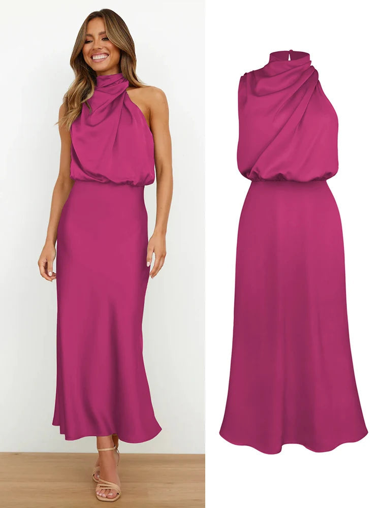 Elegante satijnen midi jurk | Asymmetrische halslijn, aansluitende snit 6