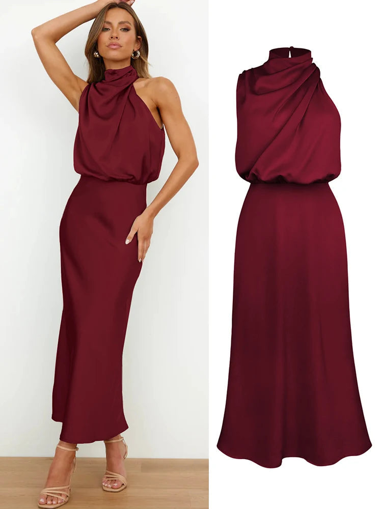 Elegante satijnen midi jurk | Asymmetrische halslijn, aansluitende snit 7