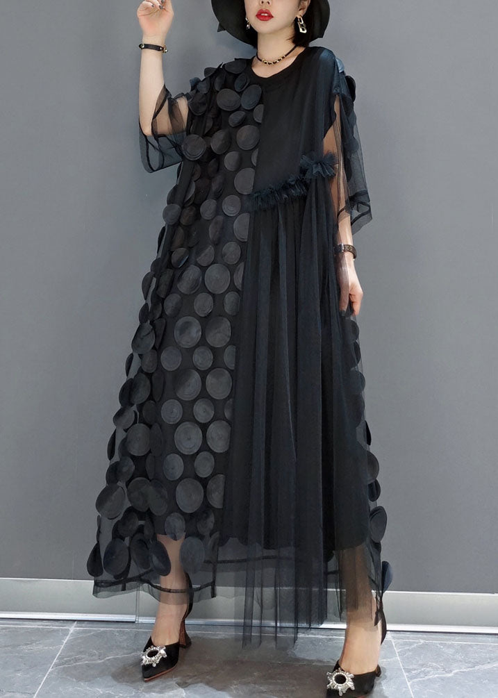 Elegante zwarte tule jurk | O-hals, asymmetrische halve mouwen, losvallende pasvorm 0