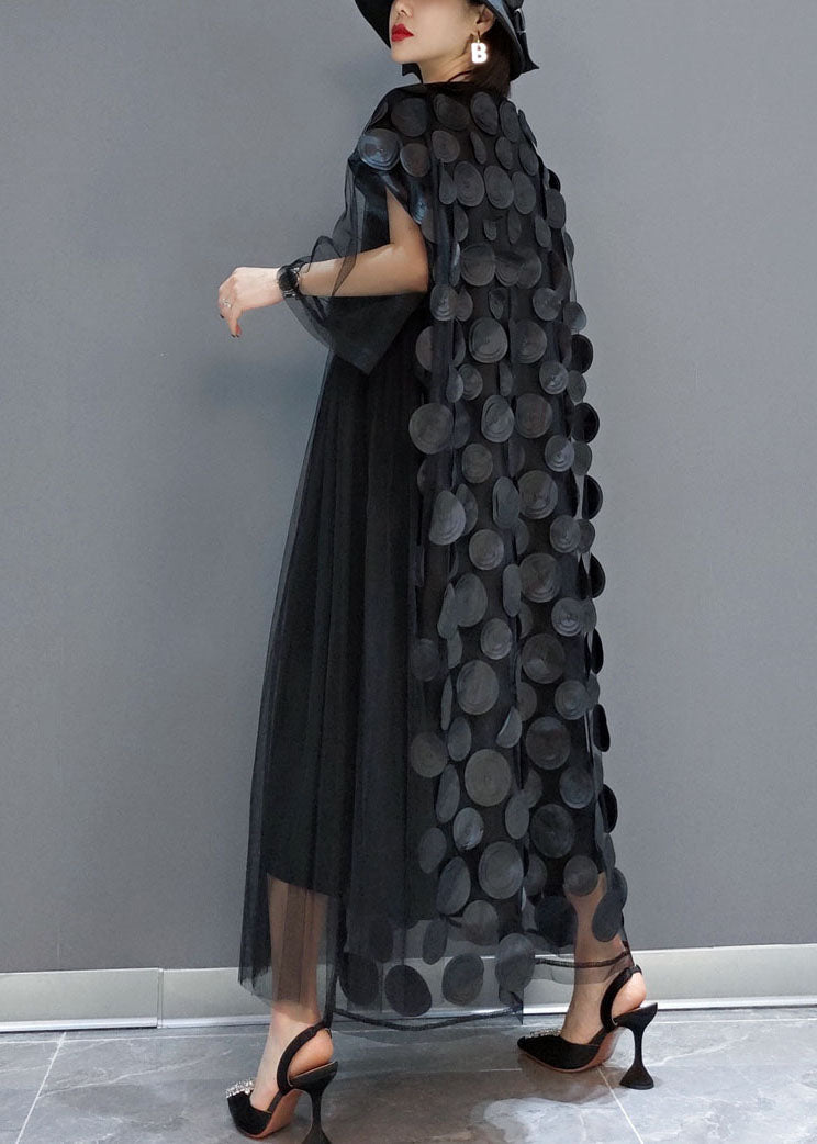 Elegante zwarte tule jurk | O-hals, asymmetrische halve mouwen, losvallende pasvorm 8