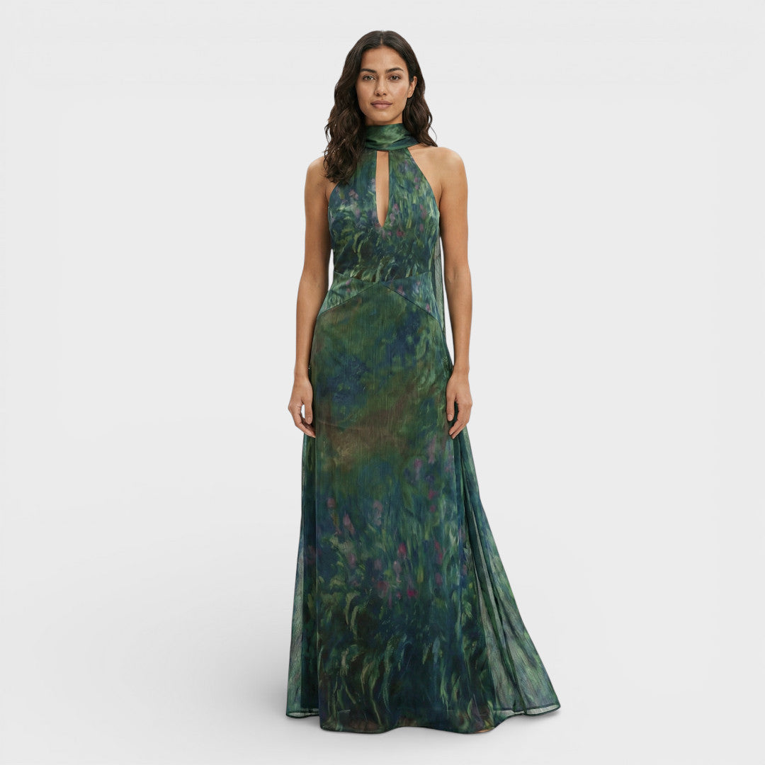 Feestjurk | Artistieke print met hoge hals en open rug 0