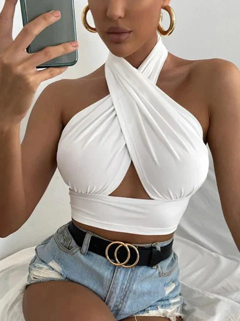 Xanthe - Dames Zomer Kruis Hals Halter Crop Top