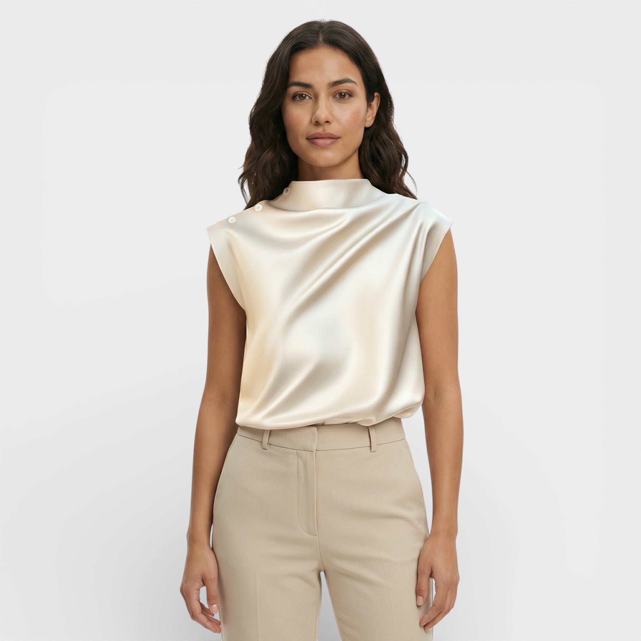 Gedrapeerde blouse | Satijnen stof met mandarijnkraag 0
