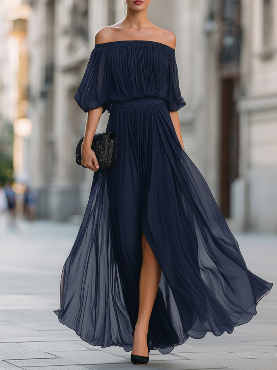 Geplooide Off Shoulder Maxi Jurk | Navando