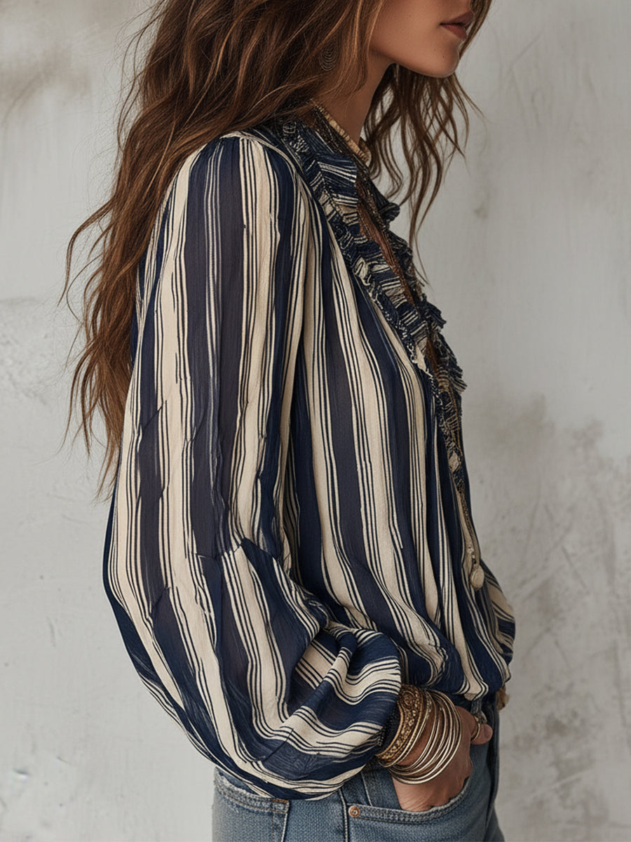 Gestreepte Blouse Met Ruches Aan Hals En Mouwen | Navando