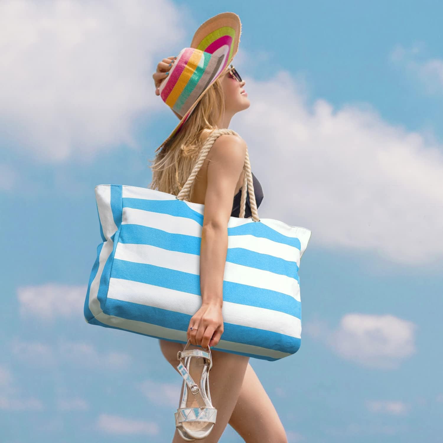 Grote Gestreepte Strandtas Met Rits | Navando