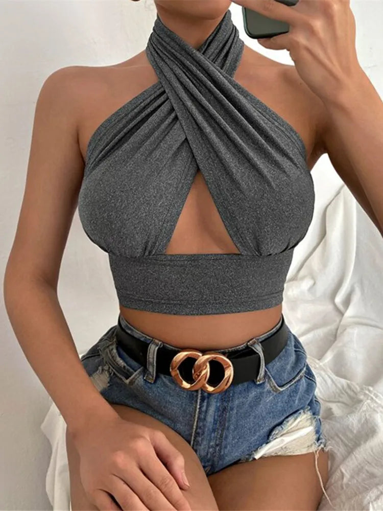 Xanthe - crop top halter d'été à encolure croisée pour femmes