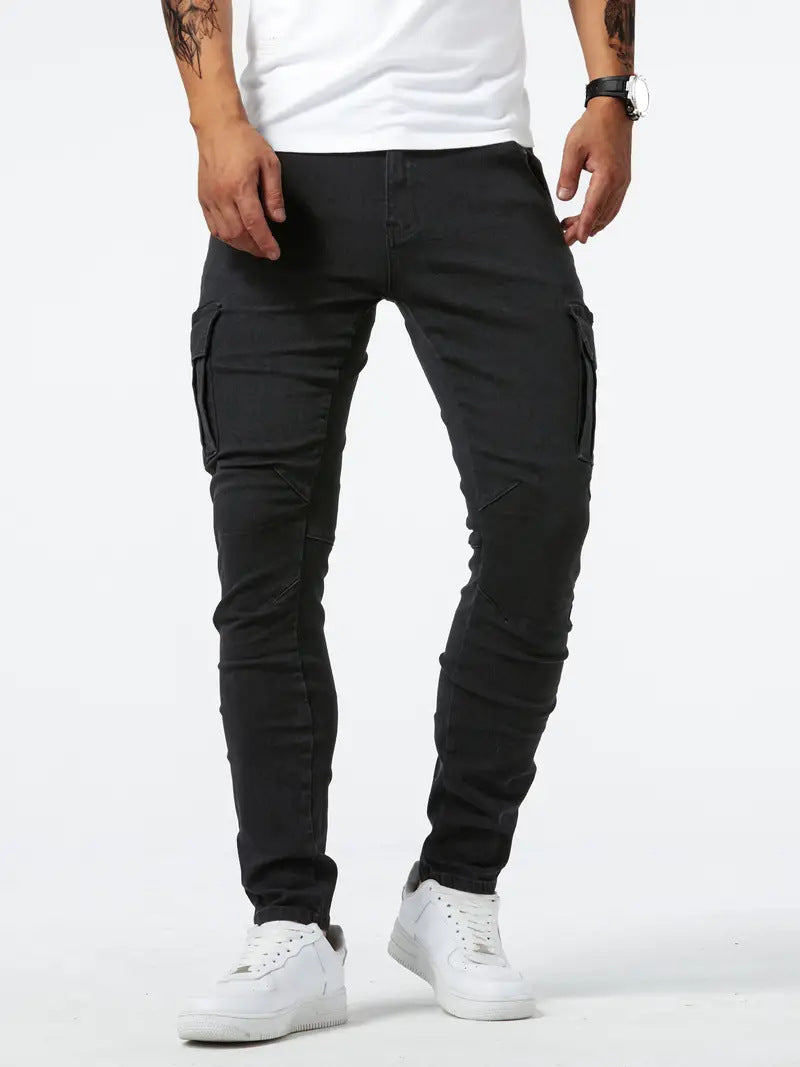 Heren | Stretch denim cargo broek met slanke pasvorm en meerdere zakken 1
