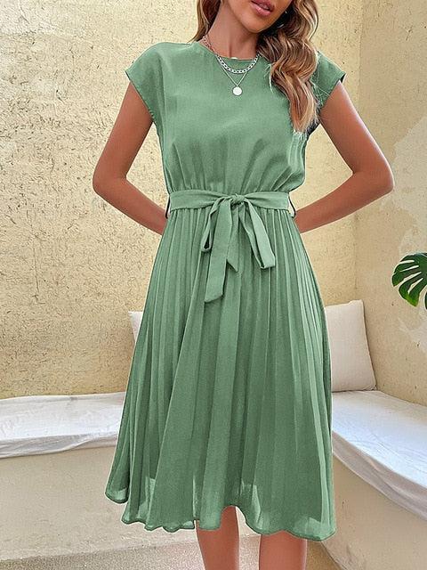 Janice - Luftiges Midi-Kleid mit Rundhals und Gürtel für Damen