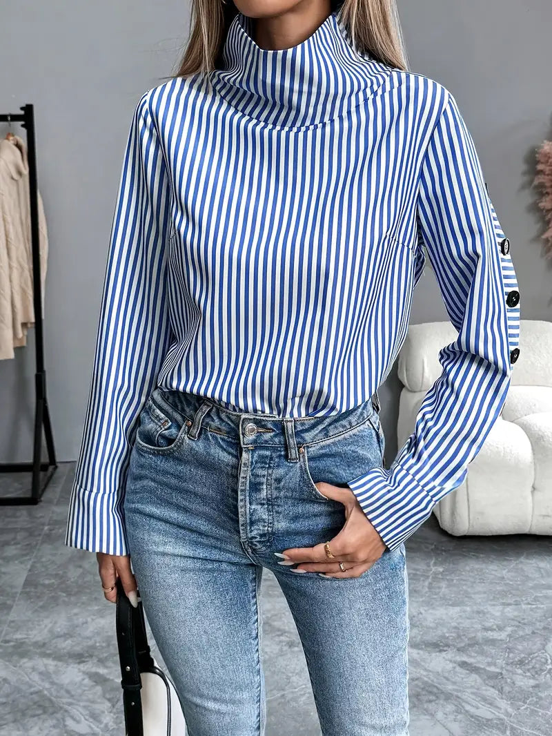 Jada | Gestreepte Blouse Met Opstaande Kraag