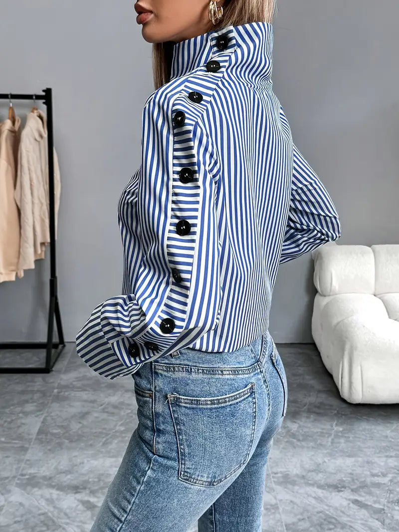 Jada | Gestreepte Blouse Met Opstaande Kraag