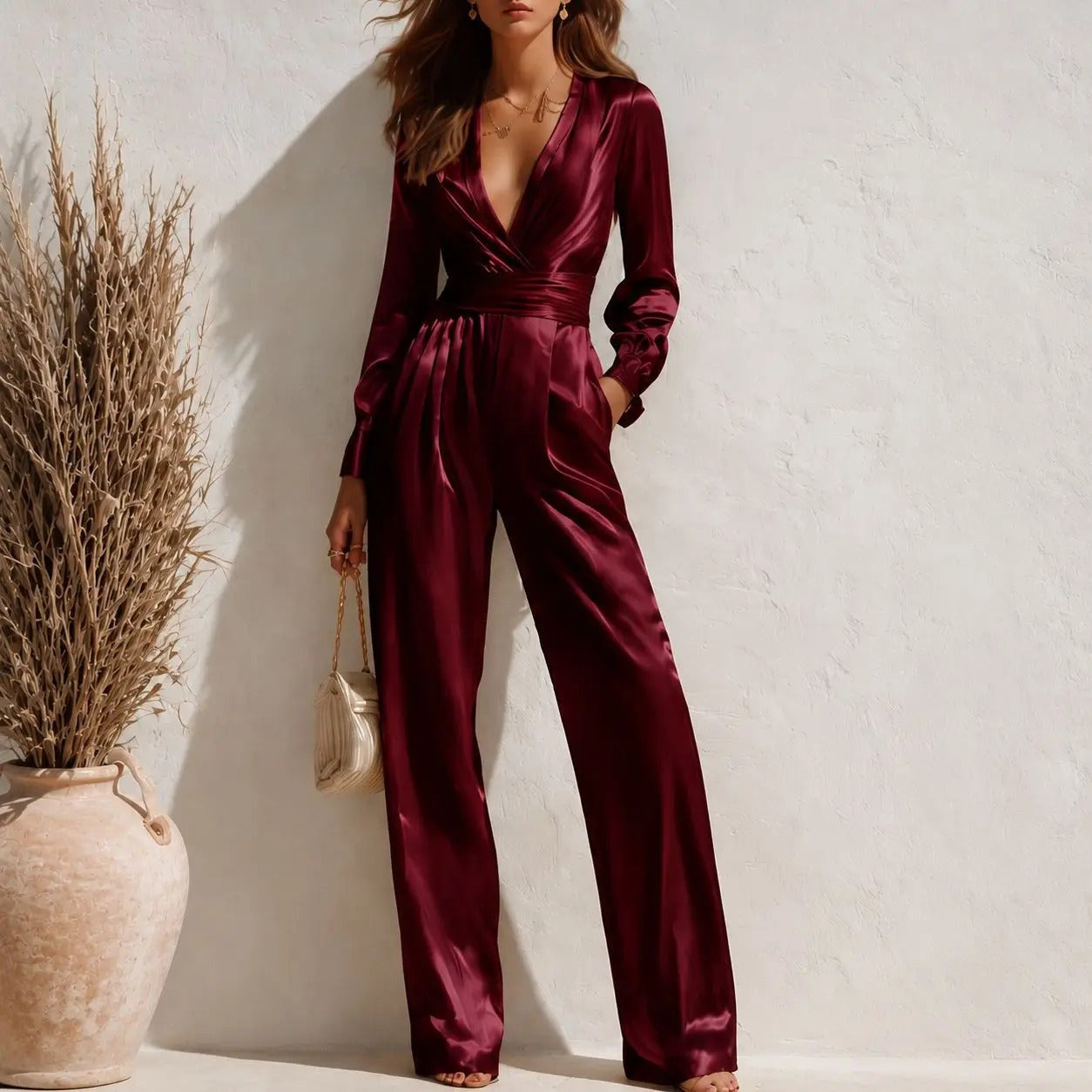 Jumpsuit met V-wikkelhals en lange mouwen