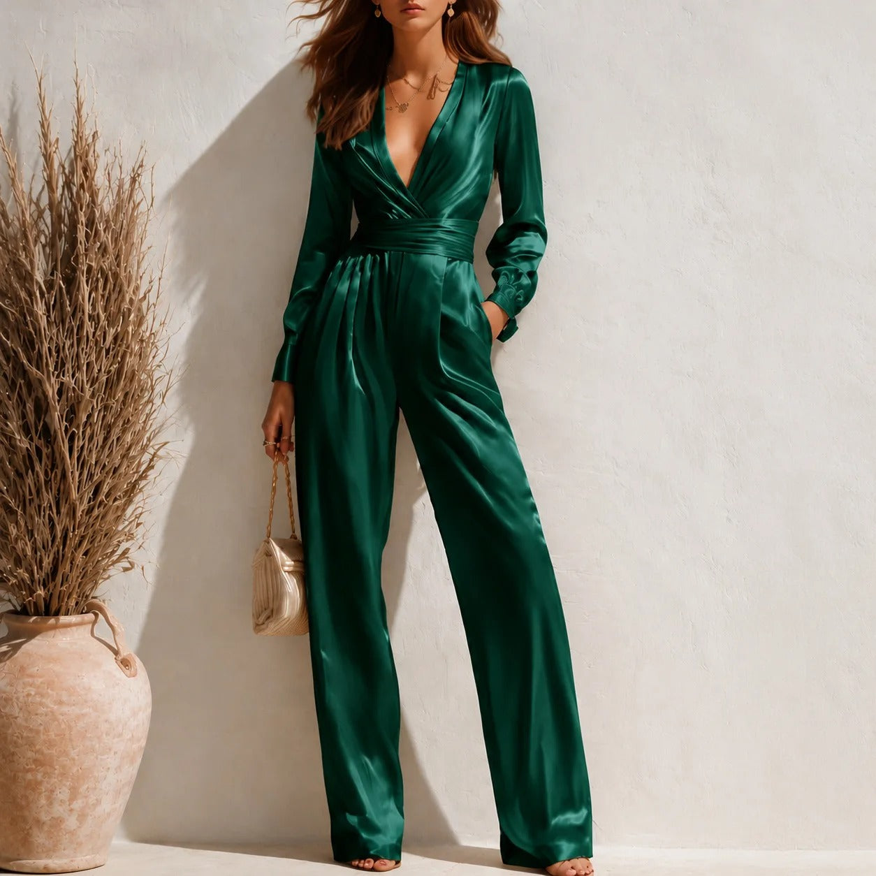 Jumpsuit met V-wikkelhals en lange mouwen