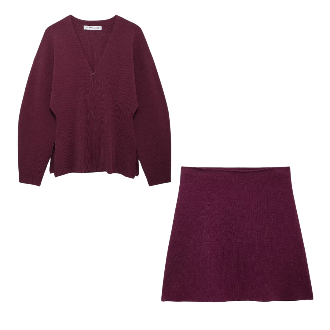 Sophie - Tweedelige Trui en Rok Set voor Dames in Bordeaux, Beige en Zwart