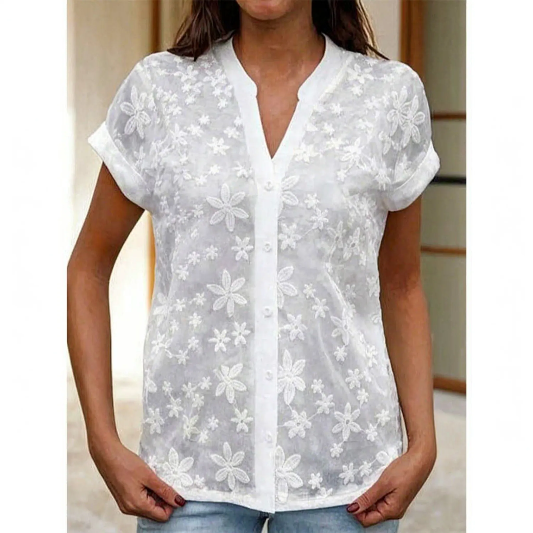 Korte Blouse Met Bloemenborduursel | Navando