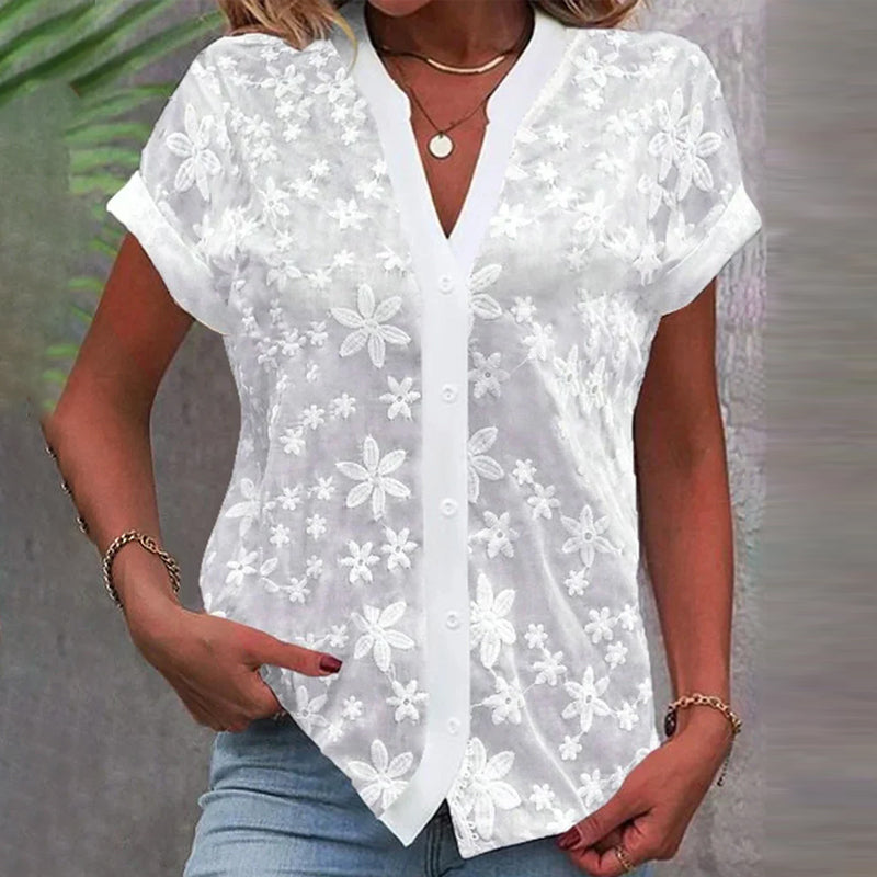 Korte Blouse Met Bloemenborduursel | Navando