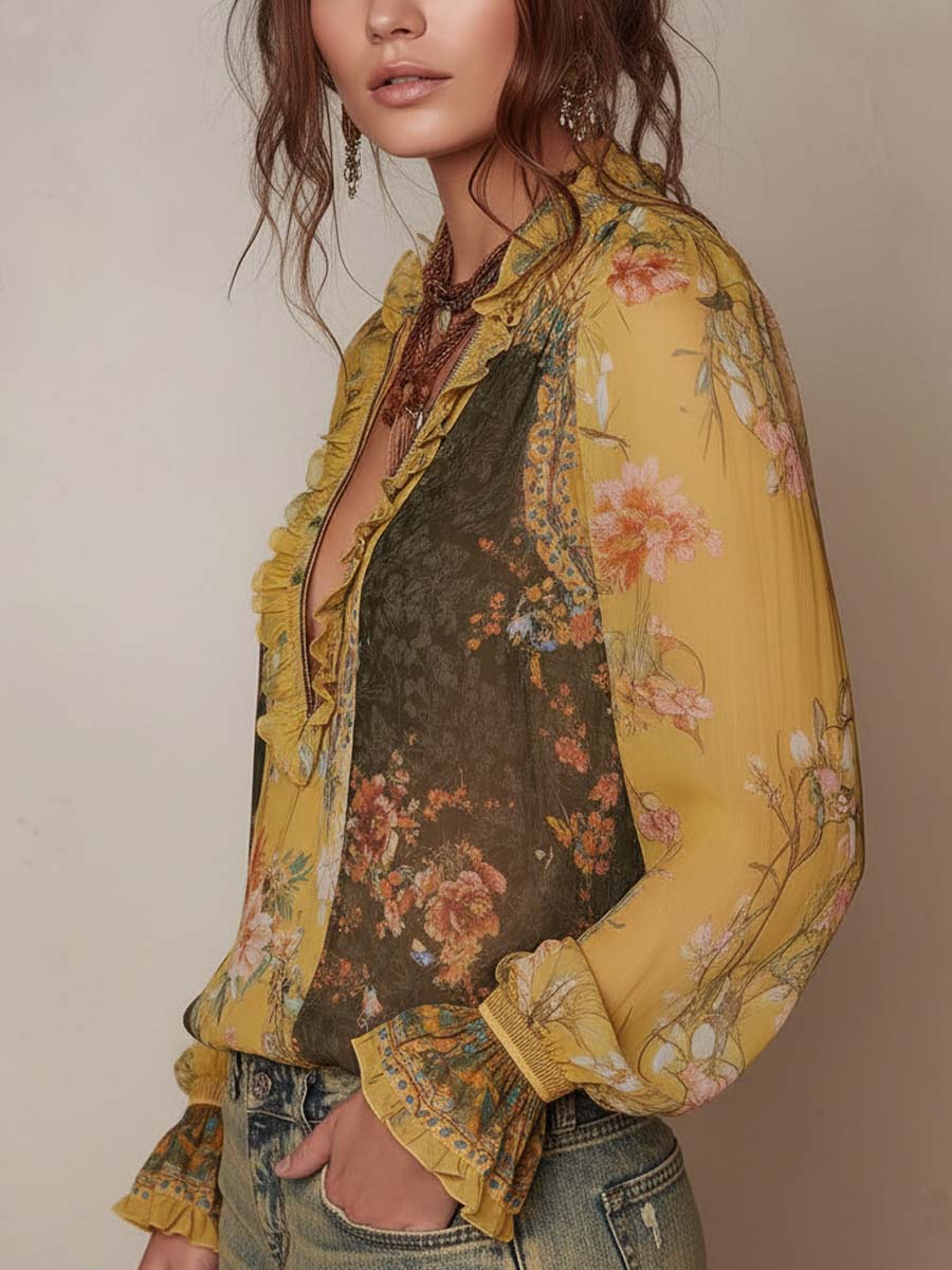 Lange Mouwen Blouse Met Ritssluiting En Ruches | Navando