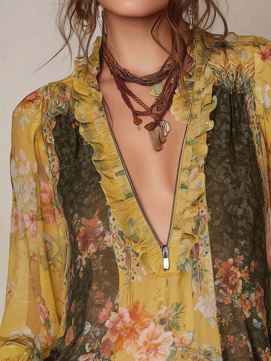 Lange Mouwen Blouse Met Ritssluiting En Ruches | Navando