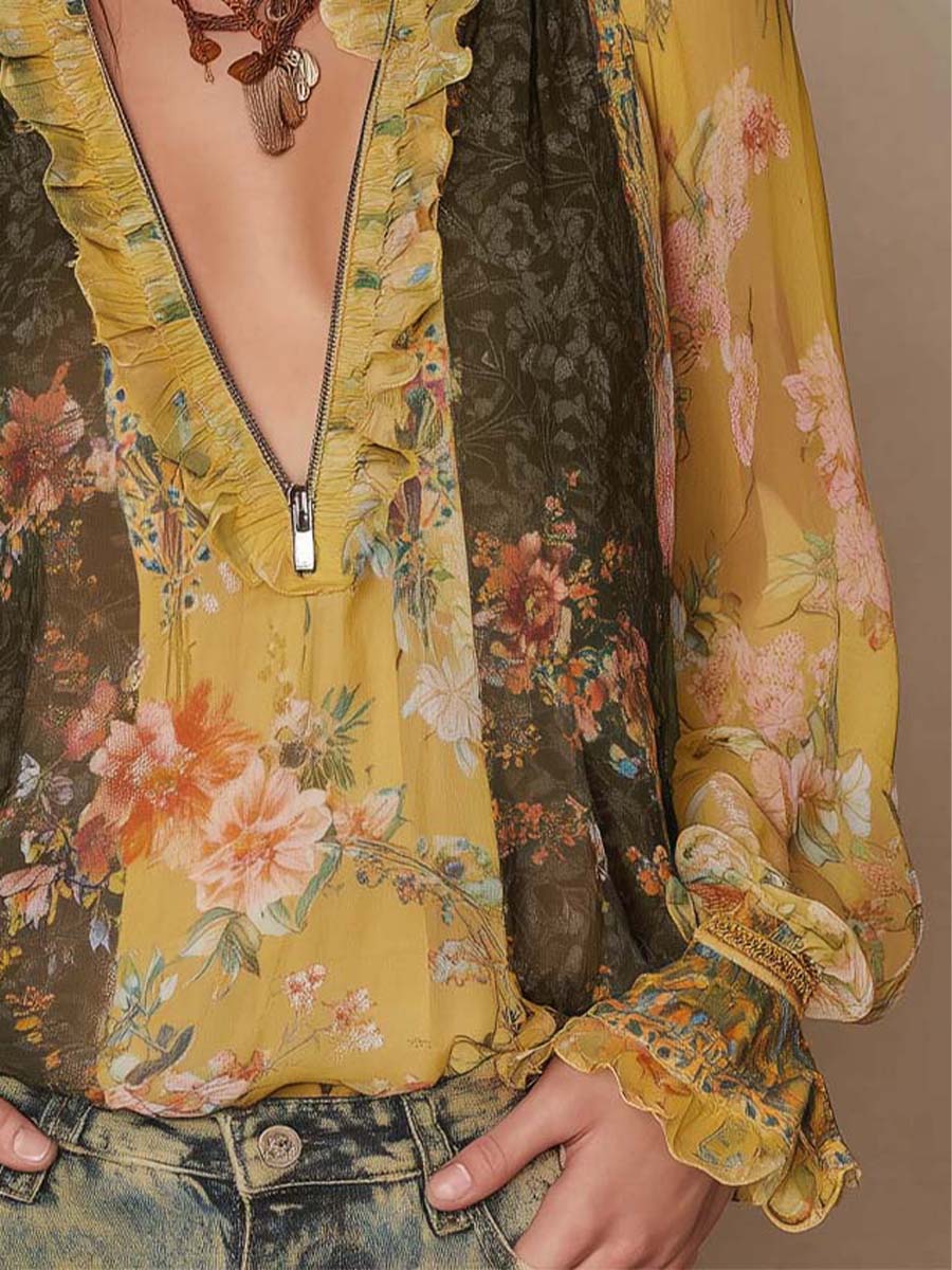 Lange Mouwen Blouse Met Ritssluiting En Ruches | Navando