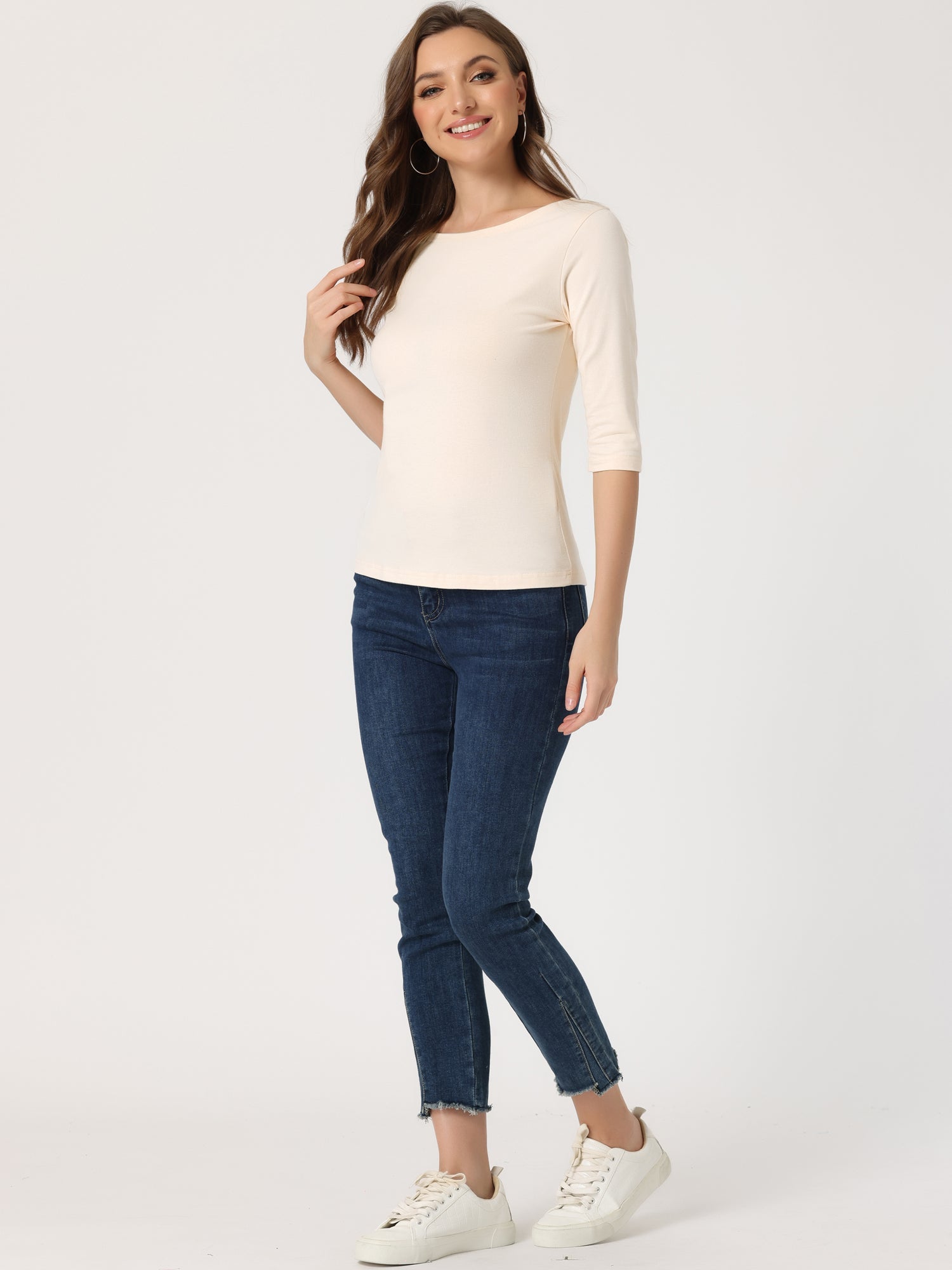 Shirt_Dames_Ronde_Hals_Basic_Driekwart_Mouwen_Victoria_Mae_Nederland_Belgie