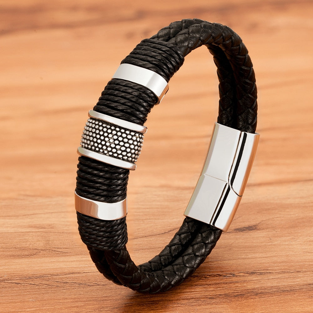 Lina | Geweven leren armband met roestvrijstalen accenten 4