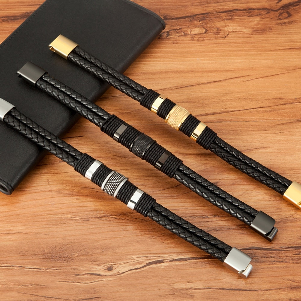 Lina | Geweven leren armband met roestvrijstalen accenten 5