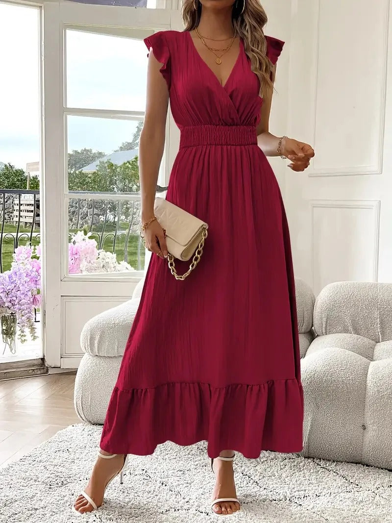 Robe fluide à volants avec col en V et manches courtes | Navando