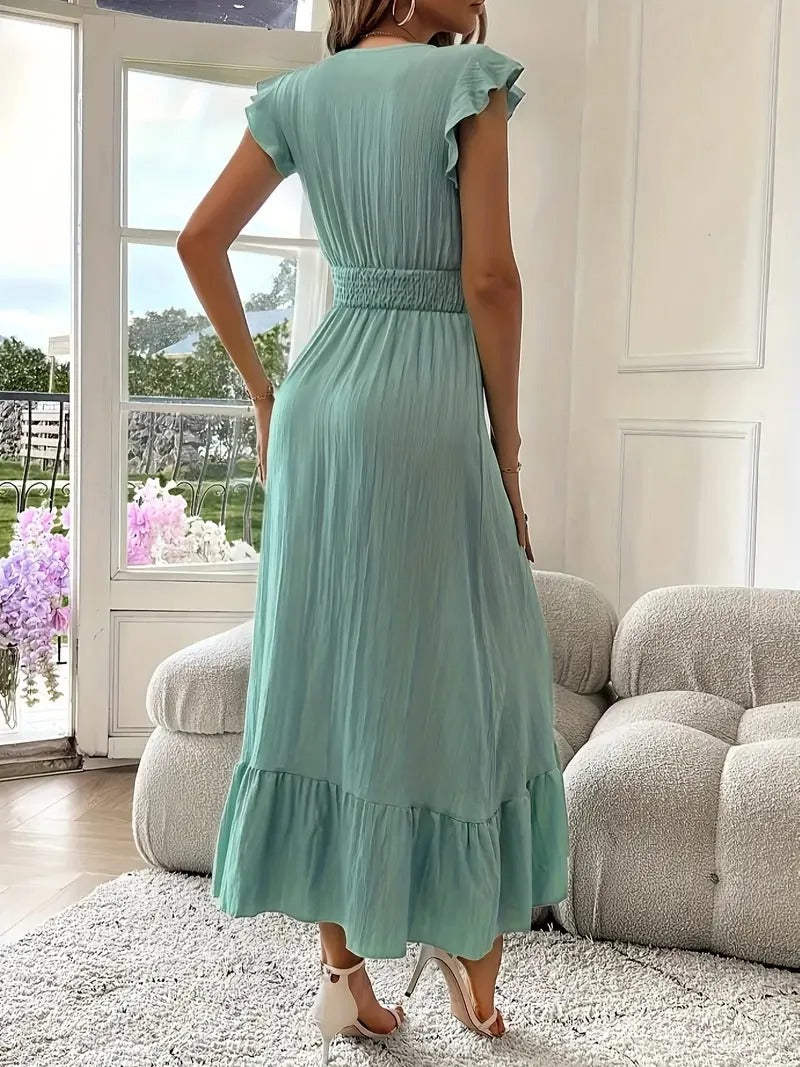 Robe fluide à volants avec col en V et manches courtes | Navando