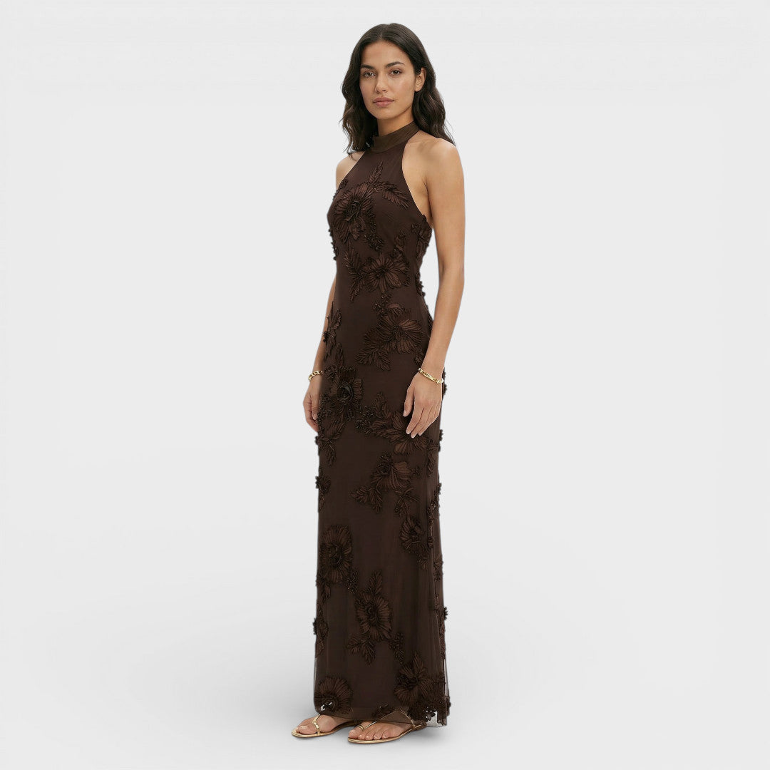 Maxi-jurk | Geborduurde bloemen en open rug 1