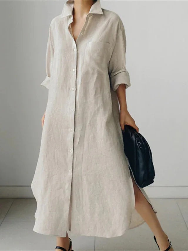 Maxi robe chemise pour femmes avec boutons et fente | Navando