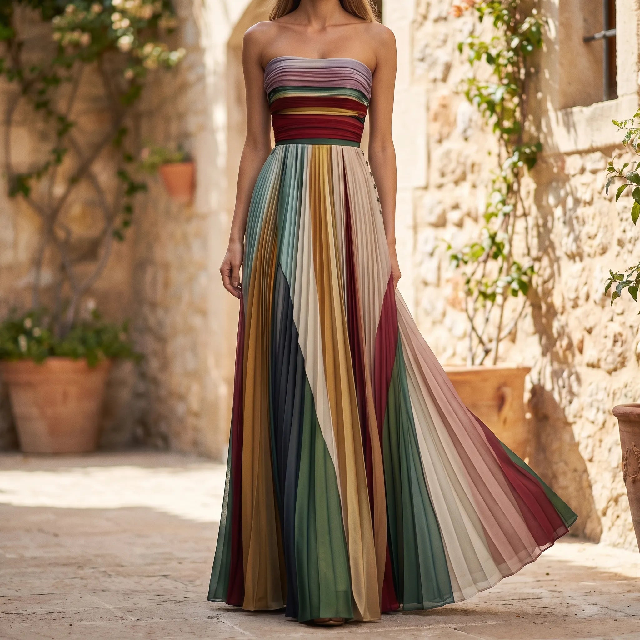 Meerkleurige Strapless Geplooide Maxi Jurk | Navando