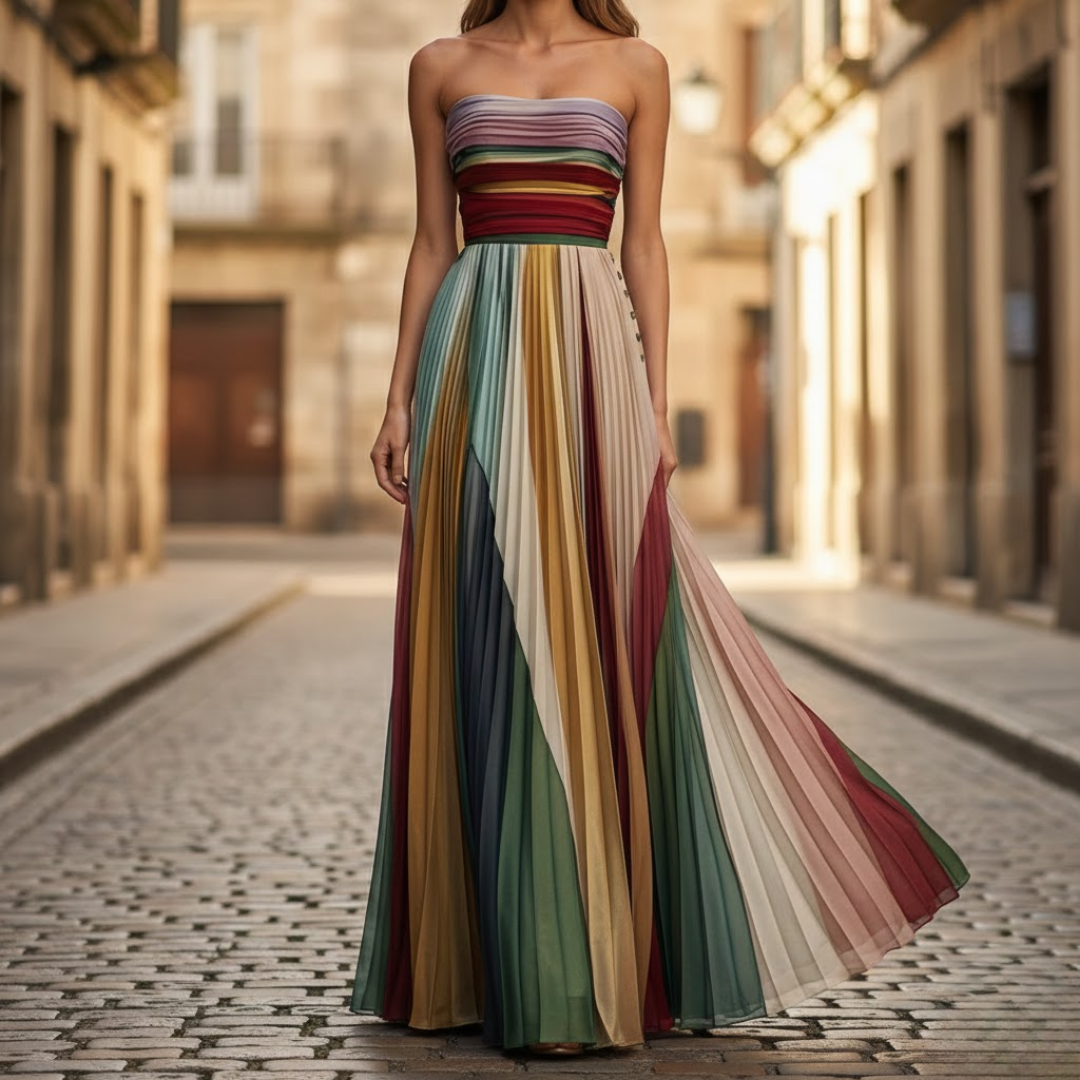 Meerkleurige Strapless Geplooide Maxi Jurk | Navando