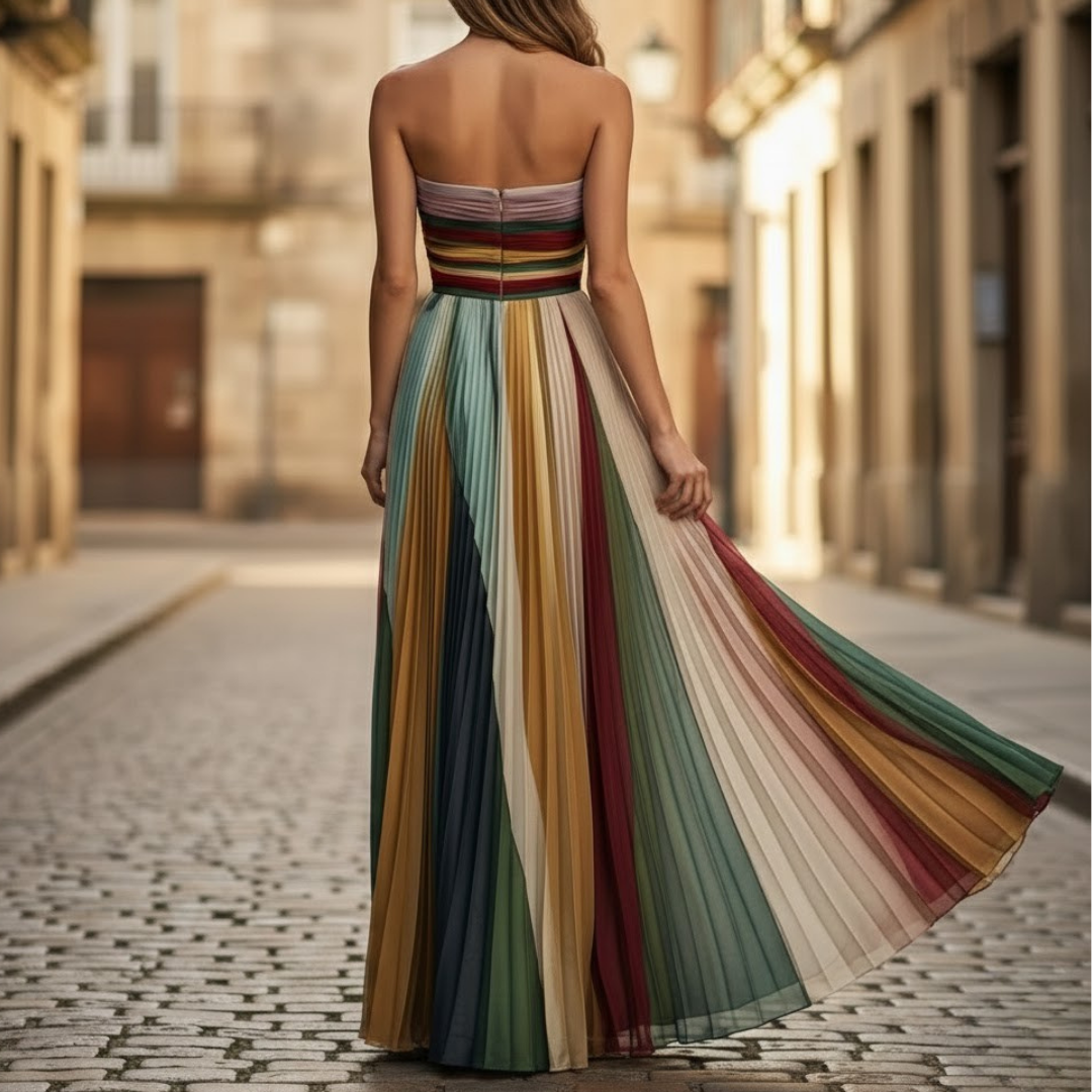 Meerkleurige Strapless Geplooide Maxi Jurk | Navando