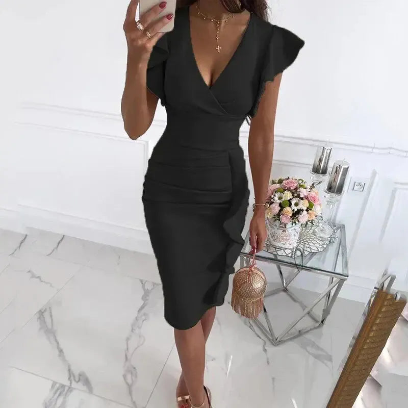 Lana Kleid - Mit gerafften Ärmeln und V-Ausschnitt