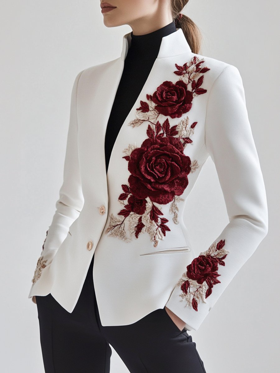 Mooyius | Witte blazer met rozenborduursel 0