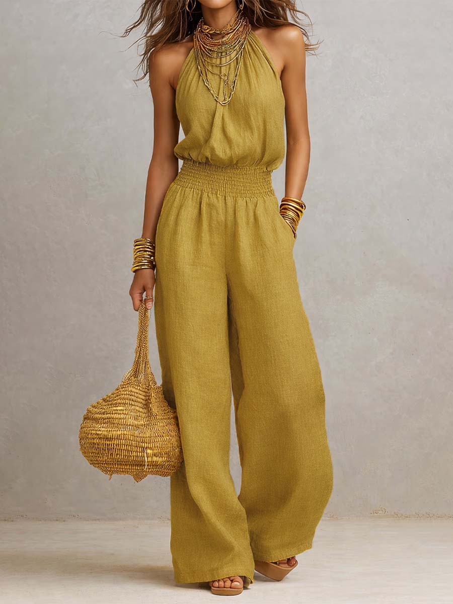 Mouwloze Halter Jumpsuit Met Wijde Pijpen | Navando