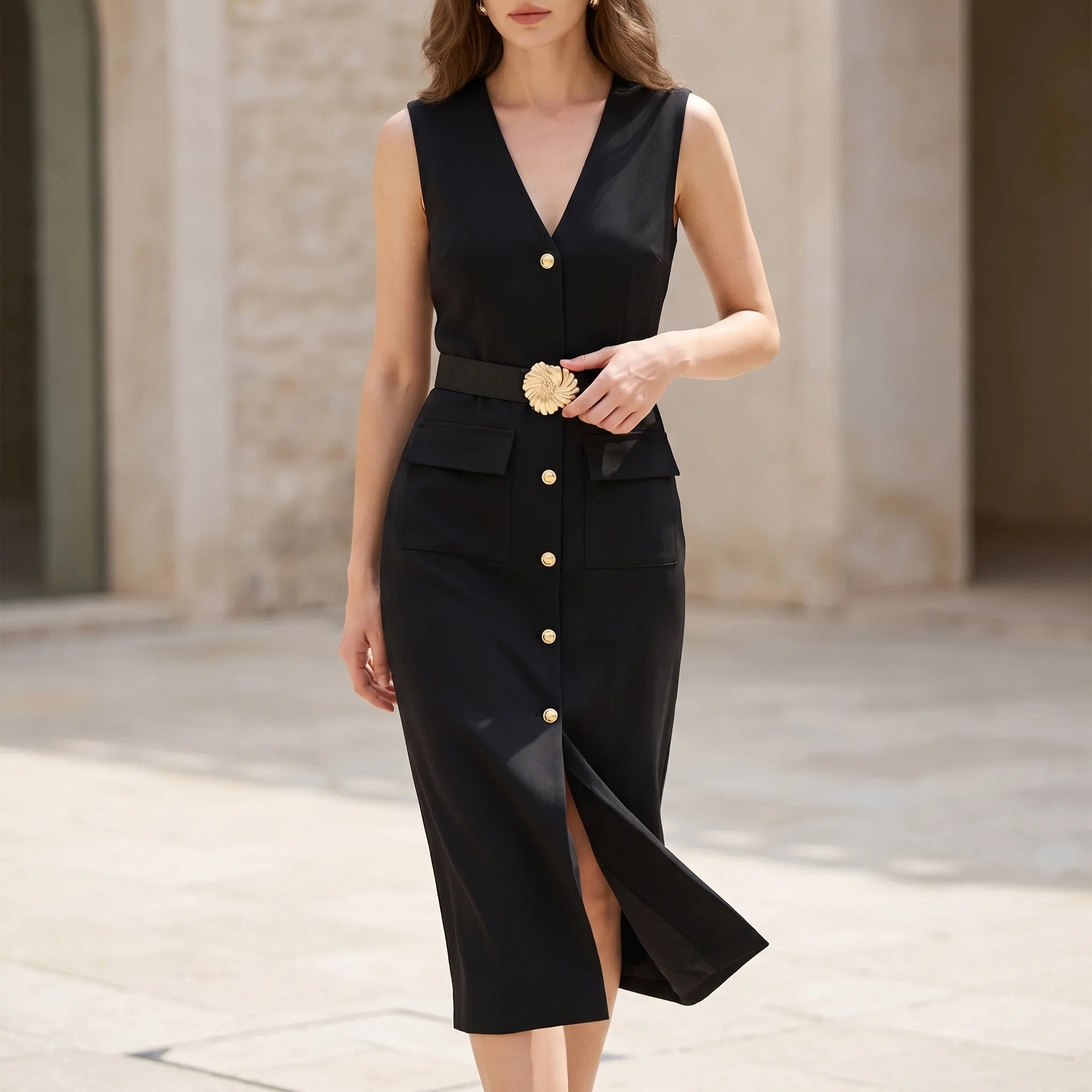 Mouwloze Midi Jurk Met Riem | Navando