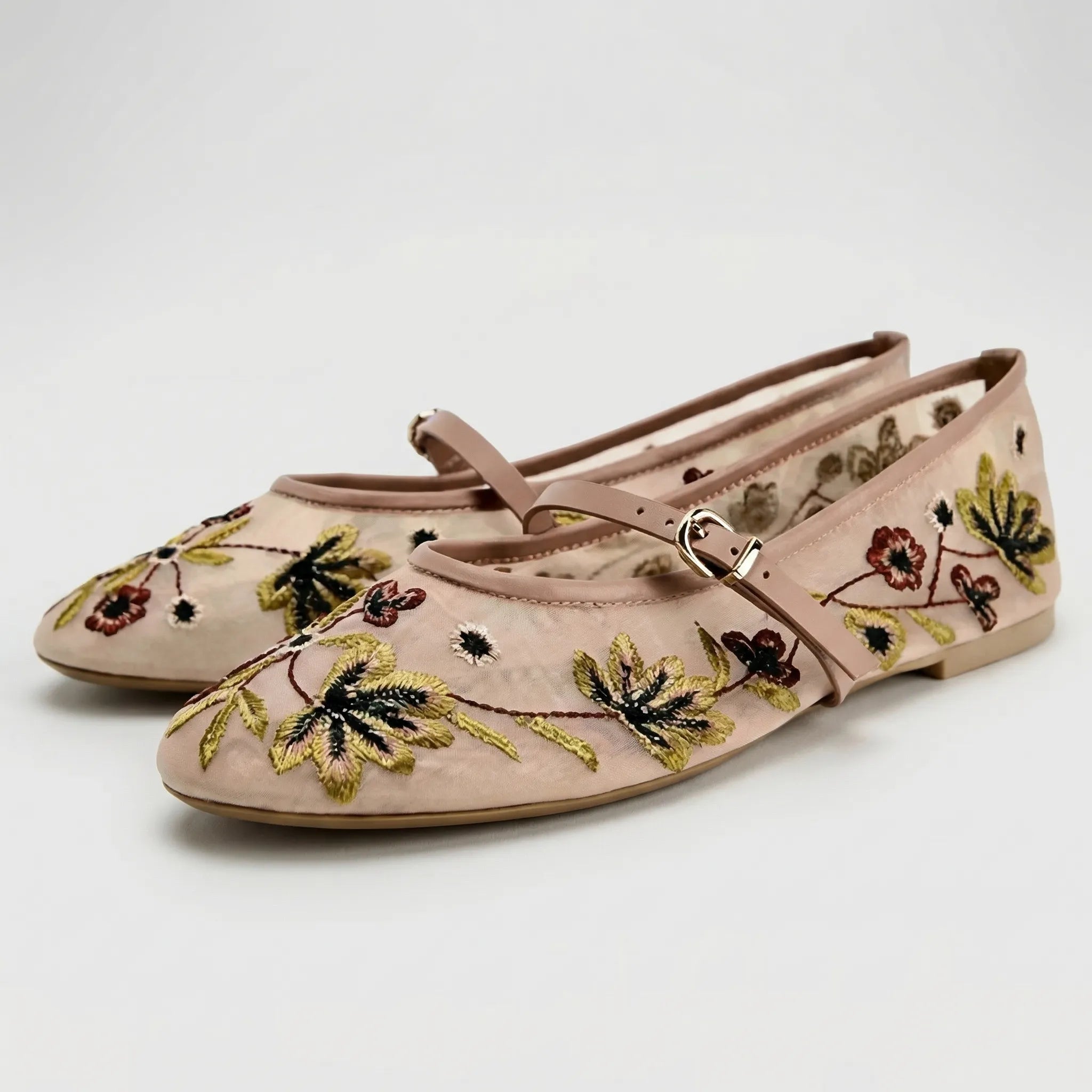 Navando | Geborduurd Mary Jane-Ballerina Met Bandje