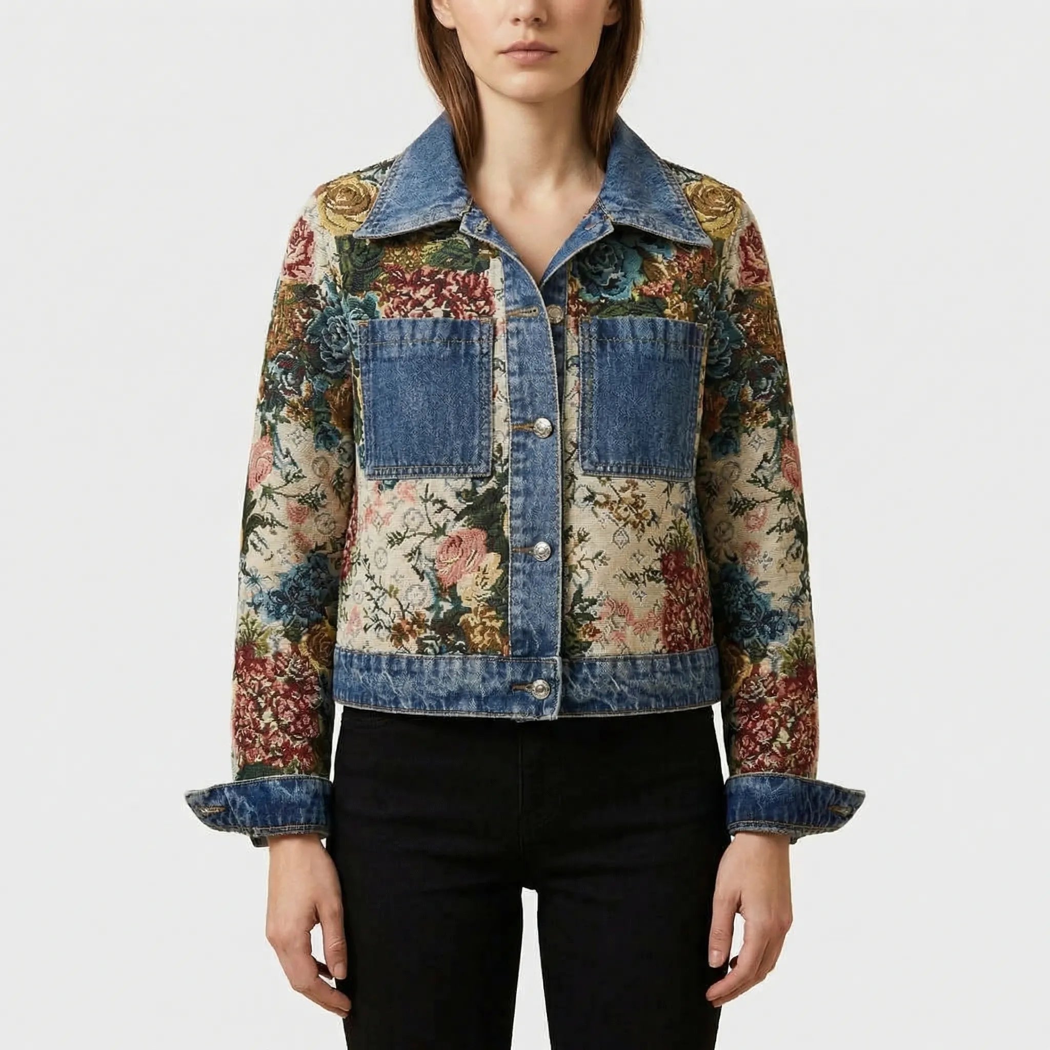 Navando | Gecropte Spijkerjas Met Bloemenprint