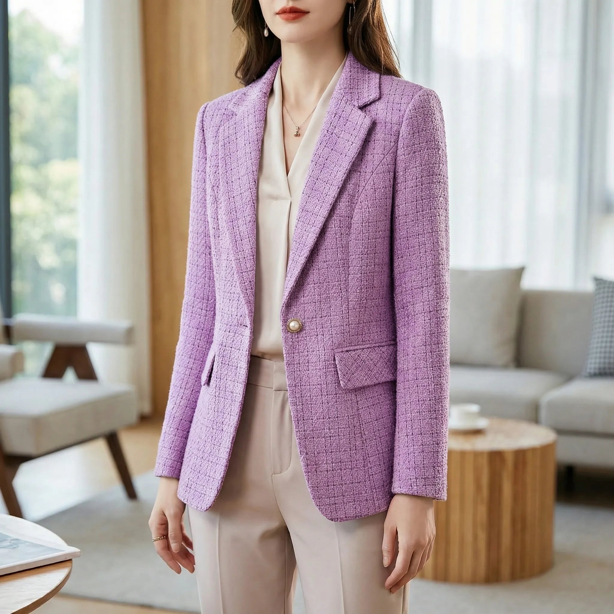 Navando | Getailleerde Tweed Blazer Met Perlknoop