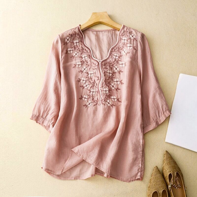 Navando | Losvallende Blouse Met Bloemenborduurwerk