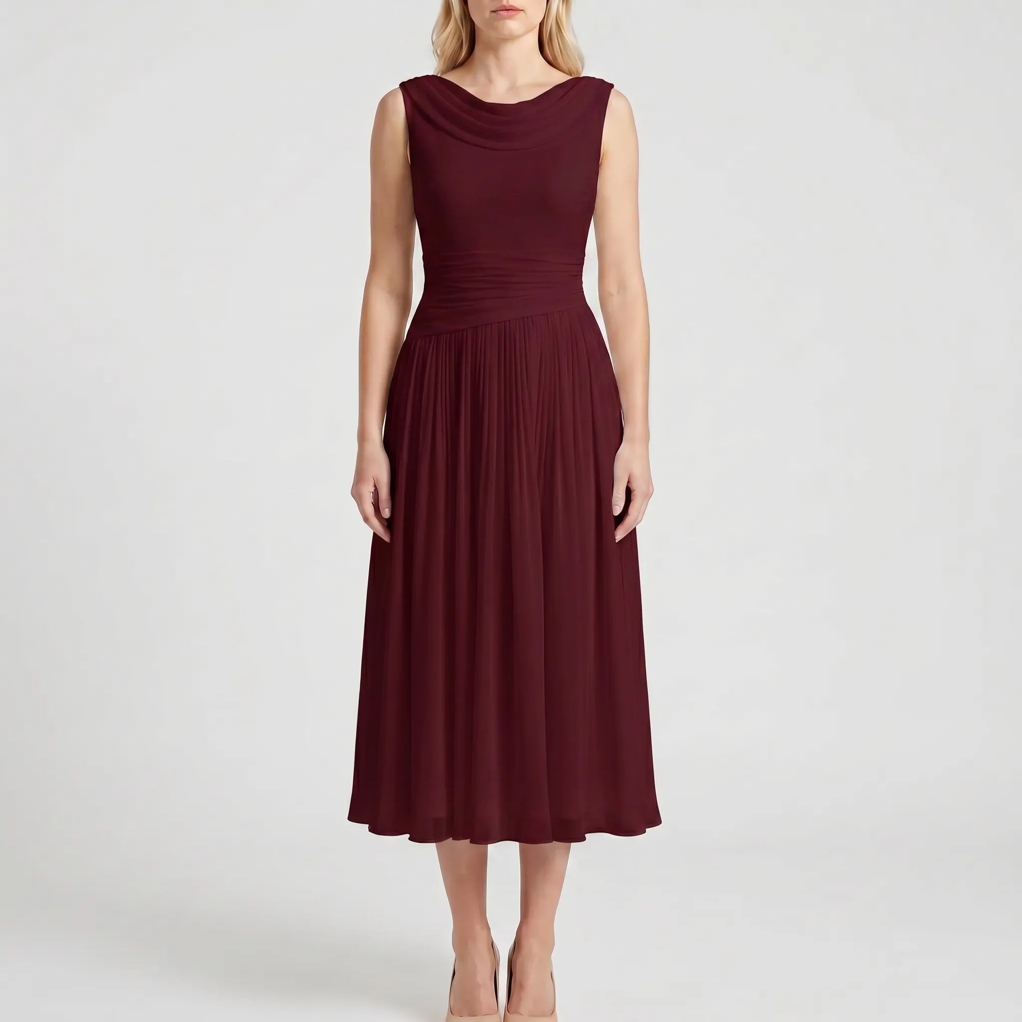 Navando | Mouwloze Midi-Jurk Met Geplooide Rok